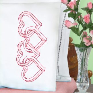 Jack Dempsey Needle Art, Stamped Embroidery, Perle Edge Pillowcase, Interlocking 3D Hearts, 1600753