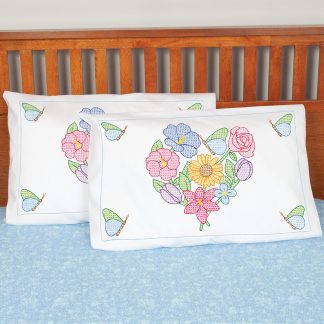 Jack Dempsey Needle Art, Stamped Embroidery, Pillowcase Shams, Flowers and Hearts, 1685589