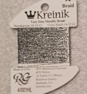 Kreinik, Very Fine Metallic Braid #4: 001HL Silver High Lustre (Card 4/001HL)