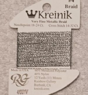Kreinik, Very Fine Metallic Braid #4: 001V Vintage Silver (Card 4/001V)