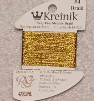 Kreinik, Very Fine Metallic Braid #4: 002HL Gold High Lustre (Card 4/002HL)