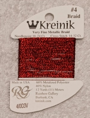 Kreinik, Very Fine Metallic Braid #4: 003V Vintage Red (Card 4/003V)
