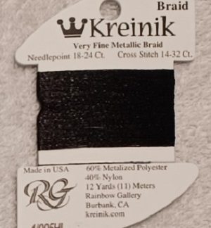 Kreinik, Very Fine Metallic Braid #4: 005HL Black High Lustre (Card 4/005HL)