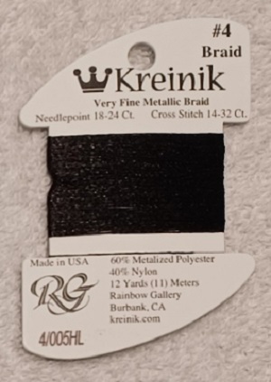 Kreinik, Very Fine Metallic Braid #4: 005HL Black High Lustre (Card 4/005HL)