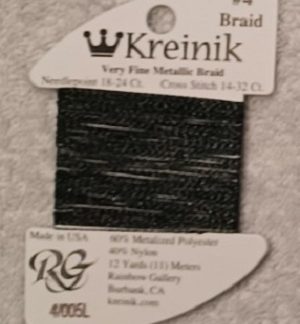 Kreinik, Very Fine Metallic Braid #4: 005L Blinding Black (Card 4/005L)