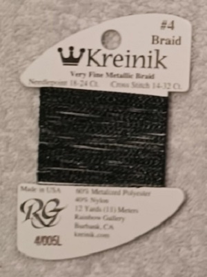 Kreinik, Very Fine Metallic Braid #4: 005L Blinding Black (Card 4/005L)