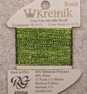Kreinik, Very Fine Metallic Braid #4: 015HL Chartreuse High Lustre (Card 4/015HL)