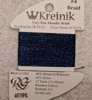 Kreinik, Very Fine Metallic Braid #4: 018HL Navy High Lustre (Card 4/018HL)