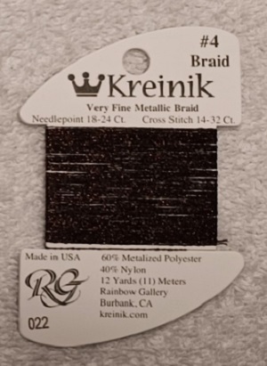 Kreinik, Very Fine Metallic Braid #4: 022 Brown (Card 4/022)
