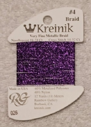 Kreinik, Very Fine Metallic Braid #4: 026 Amethyst (Card 4/026)