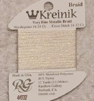Kreinik, Very Fine Metallic Braid #4: 032 Pearl (Card 4/032)