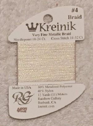 Kreinik, Very Fine Metallic Braid #4: 032 Pearl (Card 4/032)