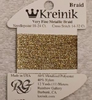 Kreinik, Very Fine Metallic Braid #4: 102 Vatican Gold (Card 4/102)