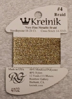 Kreinik, Very Fine Metallic Braid #4: 102 Vatican Gold (Card 4/102)