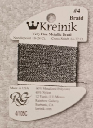 Kreinik, Very Fine Metallic Braid #4: 105C Antique Silver Cord (Card 4/105C)