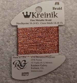 Kreinik, Fine Metallic Braid #8: 273 Red Orange (Card 8/273)