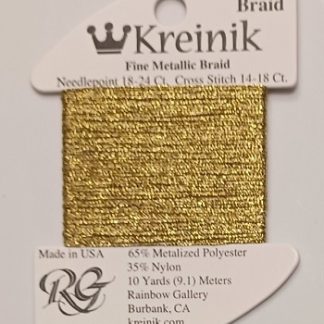 Kreinik, Fine Metallic Braid #8: 002 Gold (Card 8/002)