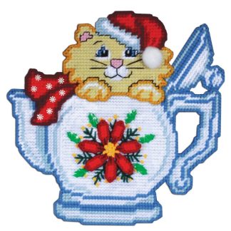 Design Works Crafts, Counted Cross Stitch Kit, Plastic Canvas, Poinsettia Teacup Cat, 2113