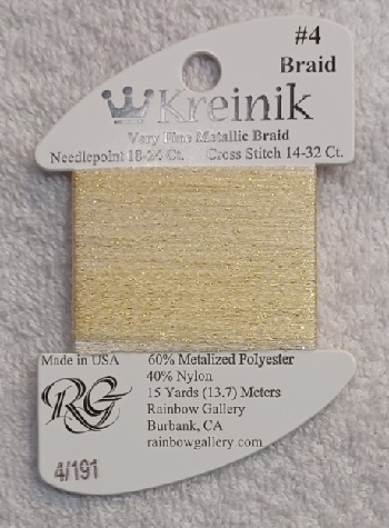 Kreinik, Very Fine Metallic Braid #4: 191 Pale Yellow (Card 4/191)