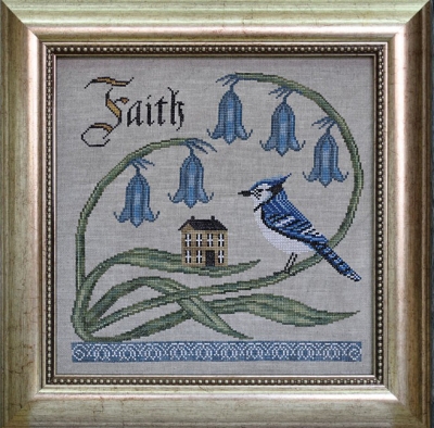 Cottage Garden Samplings, The Songbird's Garden Series, No. 7, Have Faith (Blue Jay and Bellflowers), CGS-1046